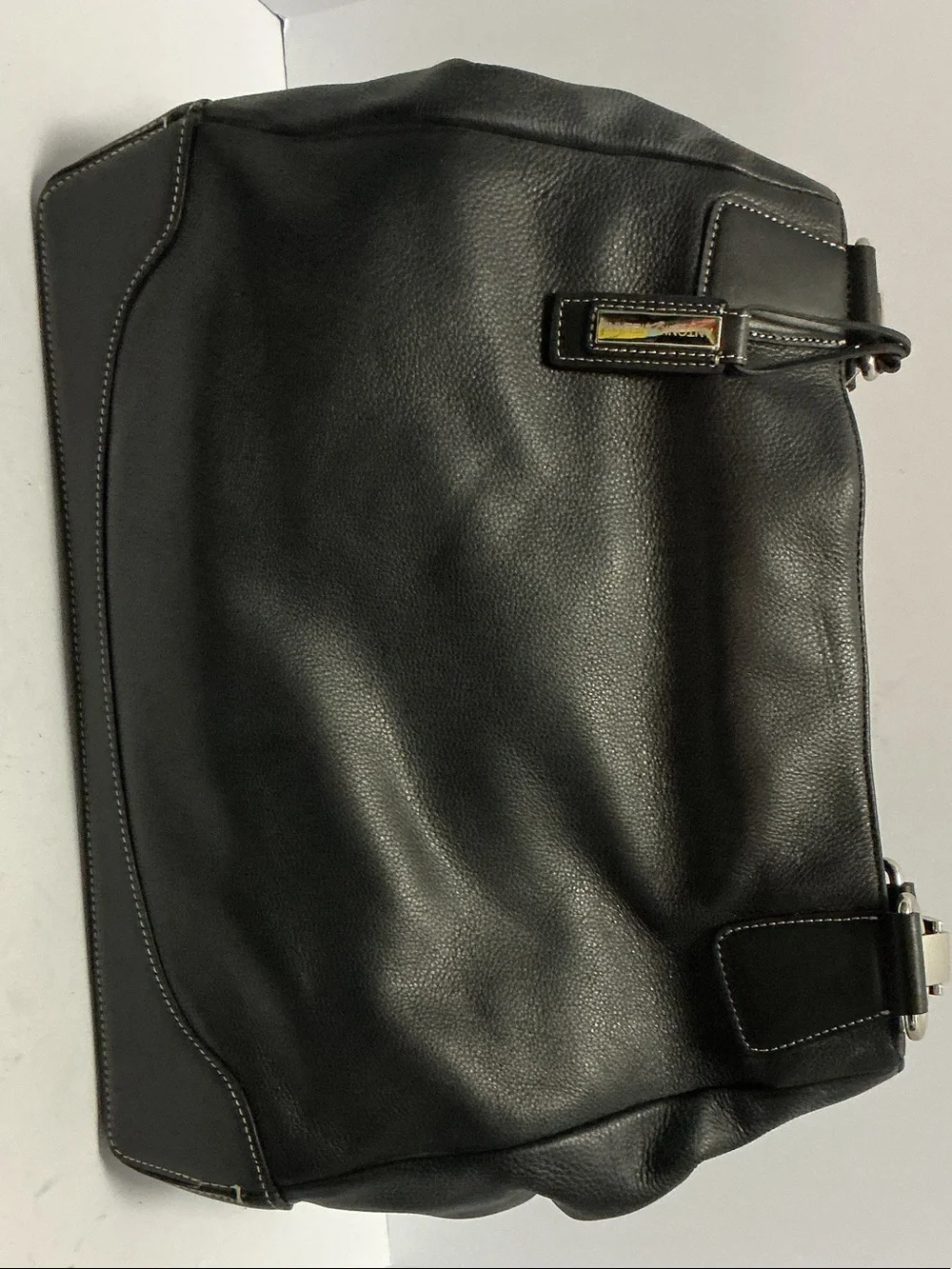 ANTONIO MELANI Black Leather Messenger Bag with Contrast Stitching